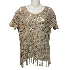 Nina Austin Crochet Pullover Sweater Open Knit Tassel Beachy Boho Beige Tan Sz S